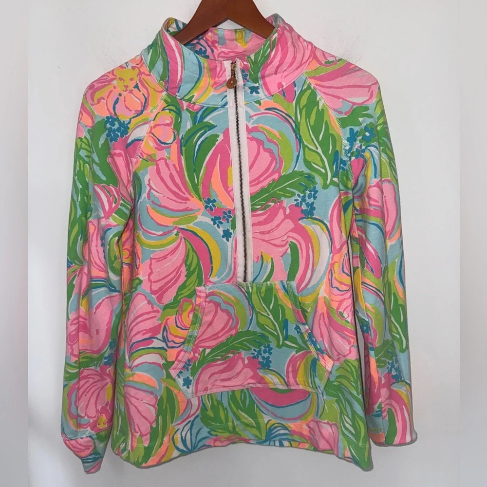 Lilly Pulitzer Floral Half Zip Pullover Jacket Pink Green Blue Medium - Picture 2 of 14
